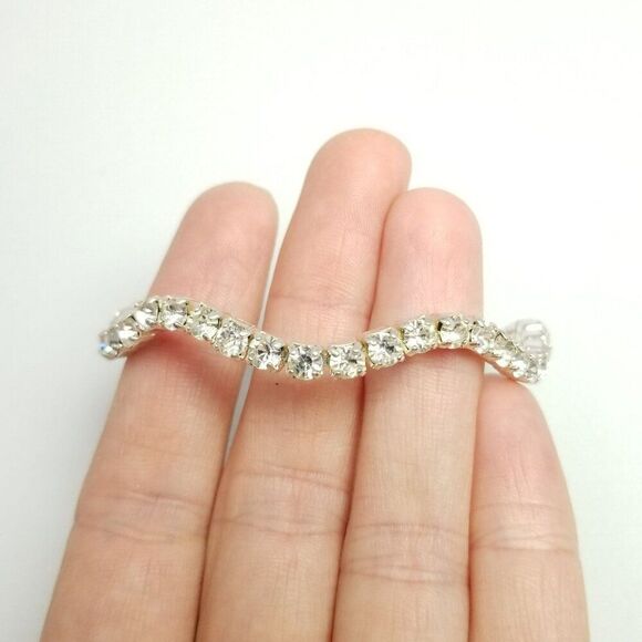 Vintage Wavy Rhinestone Bangle Bracelet, Silver Tone Cuff, Estate - Picture 7 of 7